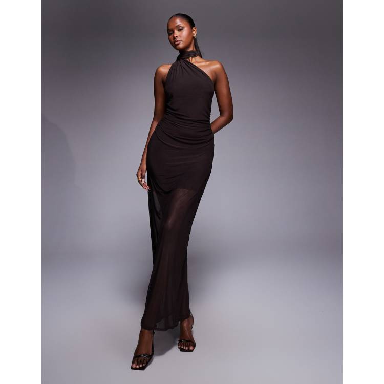 shape chocolate brown mesh wrap neck tie detail bodycon dress Chocolate Knitted Tie Neck Ball Detail Midi Dress – AX Paris