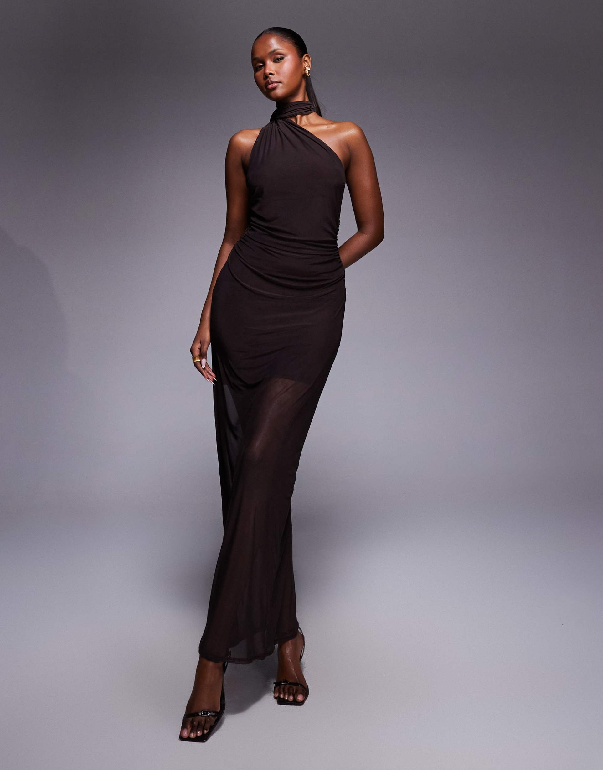 fashionkilla exclusive mesh overlay neck tie detail sheer hem maxi dress in chocolate