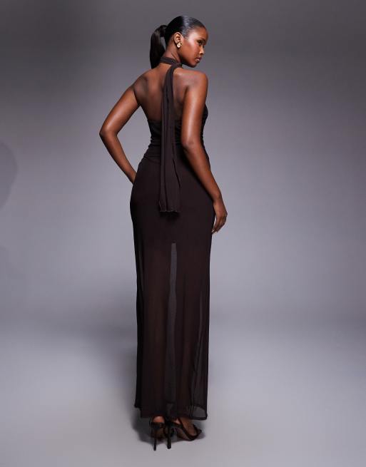 Fashionkilla exclusive mesh overlay neck tie detail sheer hem maxi dress in chocolate-Brown