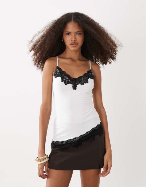 Fashionkilla exclusive slinky contrast lace trim asymmetric hem cami top in white - view 1