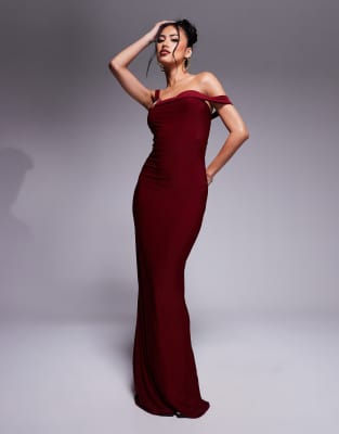 exclusive slinky double sculpted asymmetric sleeve metal ring detail bodycon maxi dress in burgundy-Red