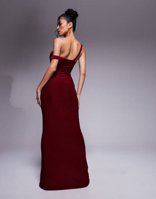 Fashionkilla exclusive slinky double sculpted asymmetric sleeve metal ring  detail bodycon maxi dress in burgundy | ASOS
