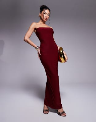 Fashionkilla Fashionkilla exclusive slinky double sculpted bandeau maxi dress in burgundy-Red