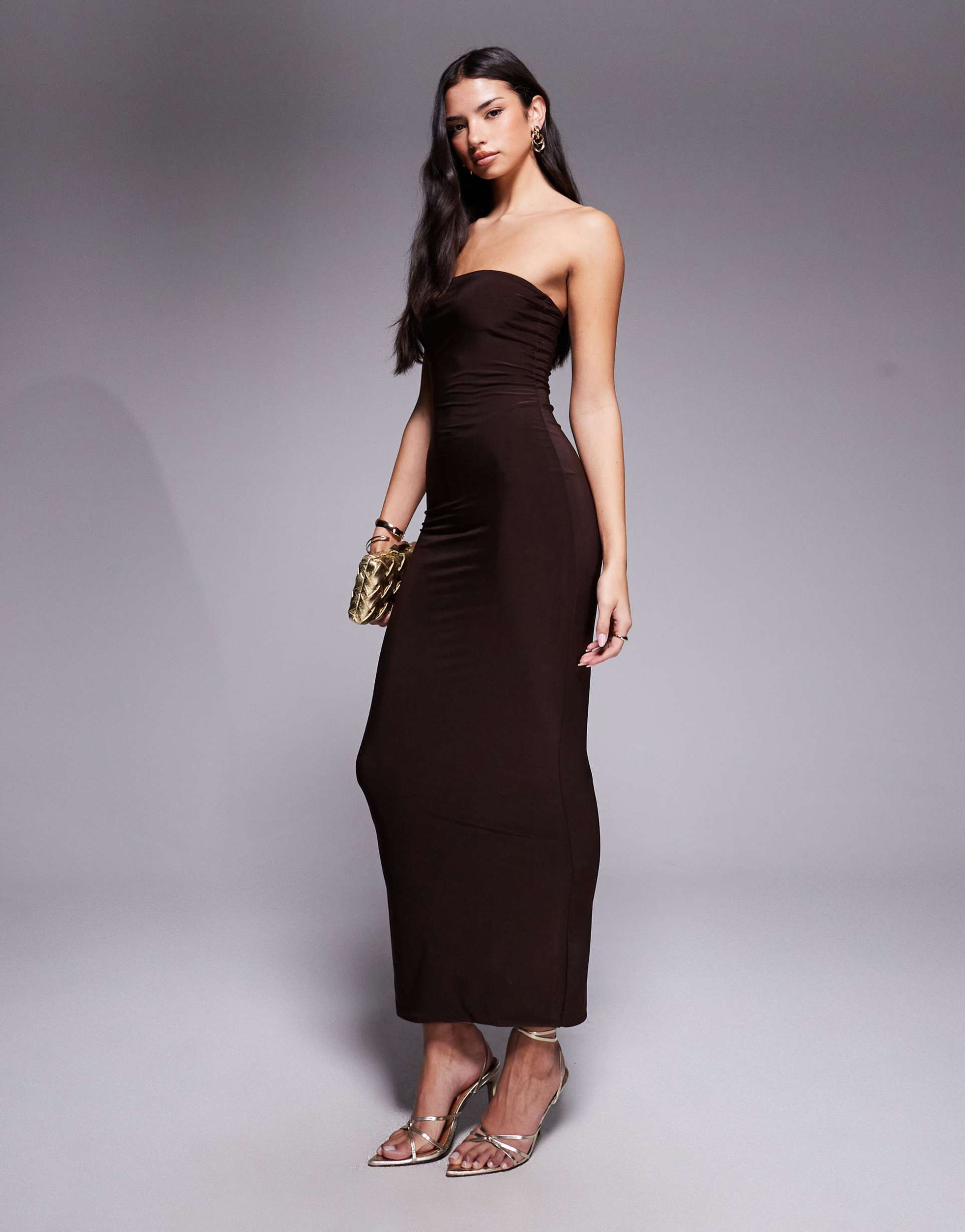 fashionkilla exclusive slinky double sculpted bandeau maxi dress in chocolate