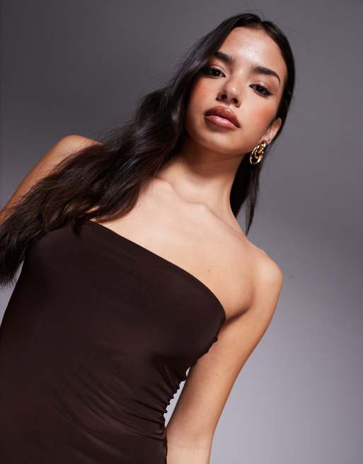 Fashionkilla exclusive slinky double sculpted bandeau maxi dress in chocolate, 3 of 4