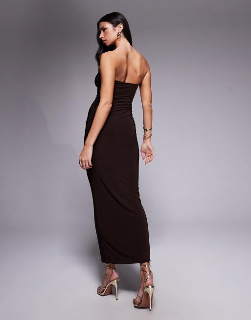 Fashionkilla exclusive slinky double sculpted bandeau maxi dress in chocolate, 4 of 4