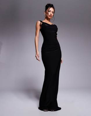 exclusive slinky double sculpted cowl neck metal ring detail low back maxi dress in black