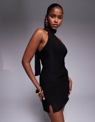 Fashionkilla Exclusive Slinky Double Sculpted Halterneck Scarf Detail Mini Dress