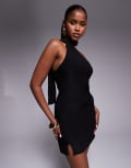 [Fashionkilla] Fashionkilla exclusive slinky double sculpted halterneck scarf detail mini dress in black 10 BLACK