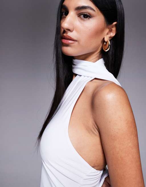 Fashionkilla exclusive slinky double sculpted halterneck scarf detail mini  dress in white | ASOS