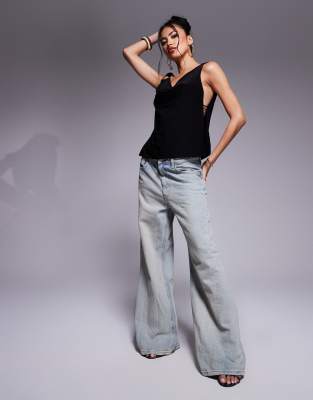 Fashionkilla Exclusive Slinky Double Sculpted Metal Ring Detail Cowl Neck Open Side Top In Black