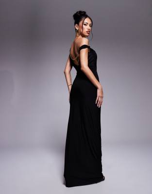 Fashionkilla Fashionkilla exclusive slinky double sculpted off shoulder chain detail low back maxi dress in black