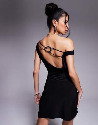 exclusive slinky double sculpted off shoulder strappy metal ring low back mini dress in black