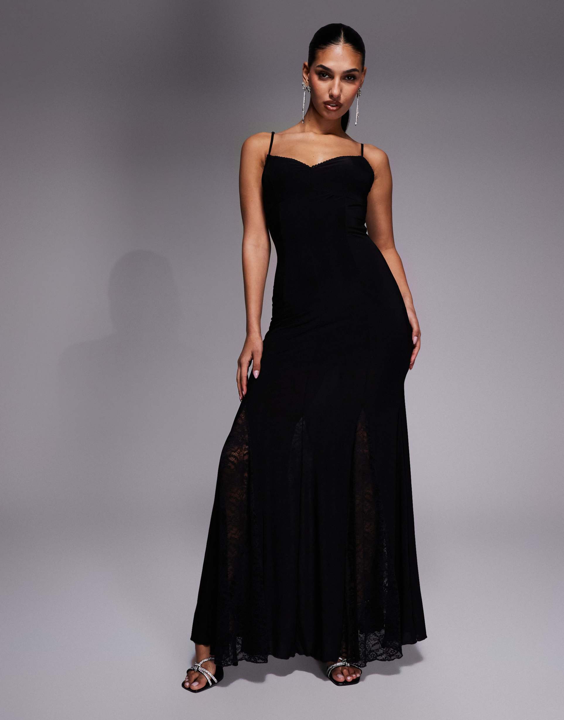 fashionkilla exclusive slinky lace goget detail low back cami maxi dress in black