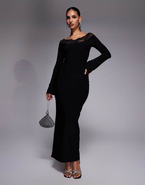 Fashionkilla exclusive slinky lace trim bardot flare sleeve maxi dress in black