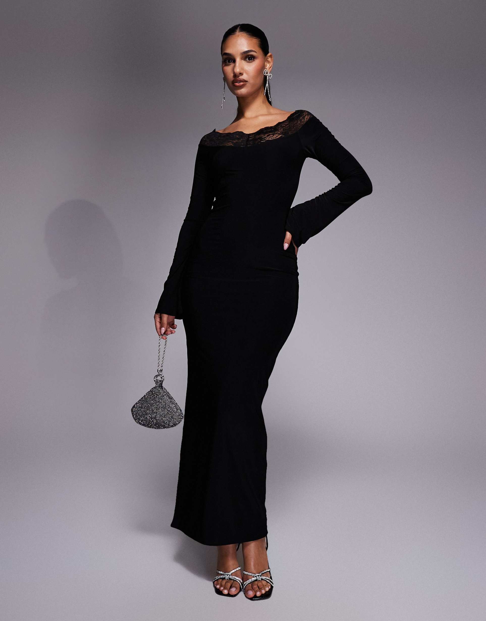fashionkilla exclusive slinky lace trim off the shoulder flare sleeve maxi dress in black