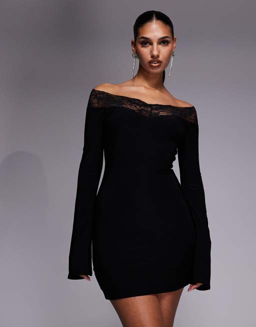 black textured bardot flare long sleeve mini dress Fashionkilla exclusive slinky lace trim off the shoulder in Asos