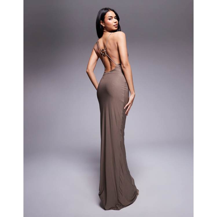 oaf BACK BUCKLE MAXI DRESS グレー Noisy May scoop back knit maxi dress in gray texture | ASOS