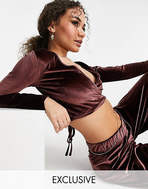 Co-ords Fashionkilla exclusive velour wrap front tie detail top co ord in chocolate 