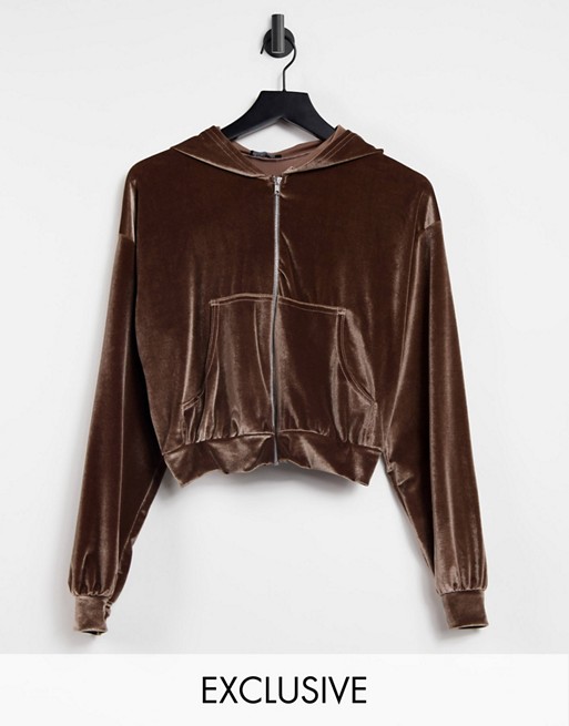Fashionkilla exclusive velour zip through hoodie co ord in mink
