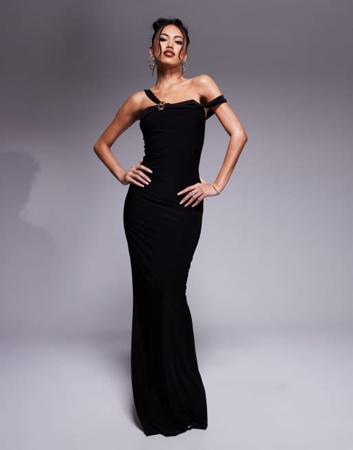 Fashionkilla - Exclusives - Bodycon maxi jurk van gladde stof met gestructureerde asymmetrische mouw en metalen ring in zwart