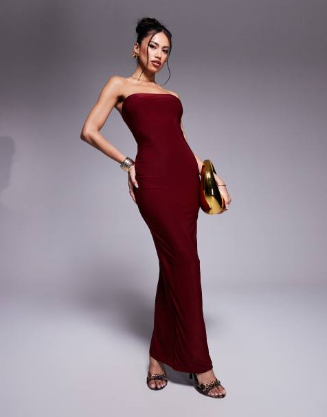Fashionkilla – Exklusiv – Anschmiegsames, figurbetontes, doppellagiges Maxikleid in Burgunderrot mit trägerlosem Design - view 1