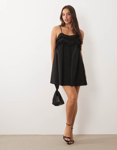 Fashionkilla – Exklusives Babydoll-Minikleid aus Popeline in Schwarz mit Rüschensaum, schmalen Trägern und hohem Baumwollanteil - view 1
