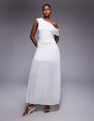 Fashionkilla - Exklusives, schulterfreies Chiffon-Maxikleid in Weiß mit asymmetrischem, gerafftem und durchscheinendem S...