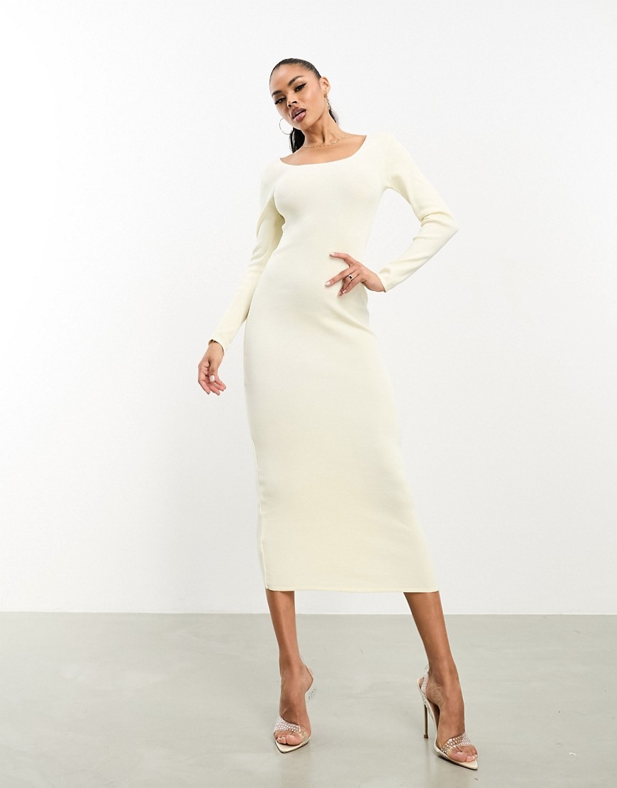 Fashionkilla Fine Knit Low Back Bodycon Midi Dress In Cream-white