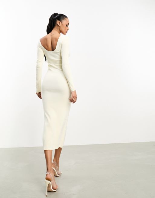 Cream Rib Square Neck Long Sleeve Bodycon Dress