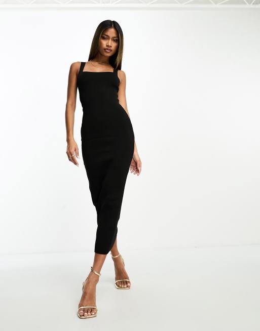 Fashionkilla fine knit square neck midi dress in black