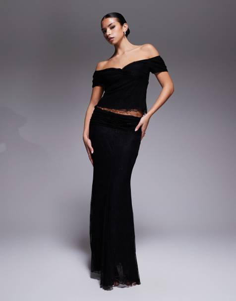 Fashionkilla floral lace mesh overlay sweetheart neckline off shoulder floaty hem top and maxi skirt set in black - view 1