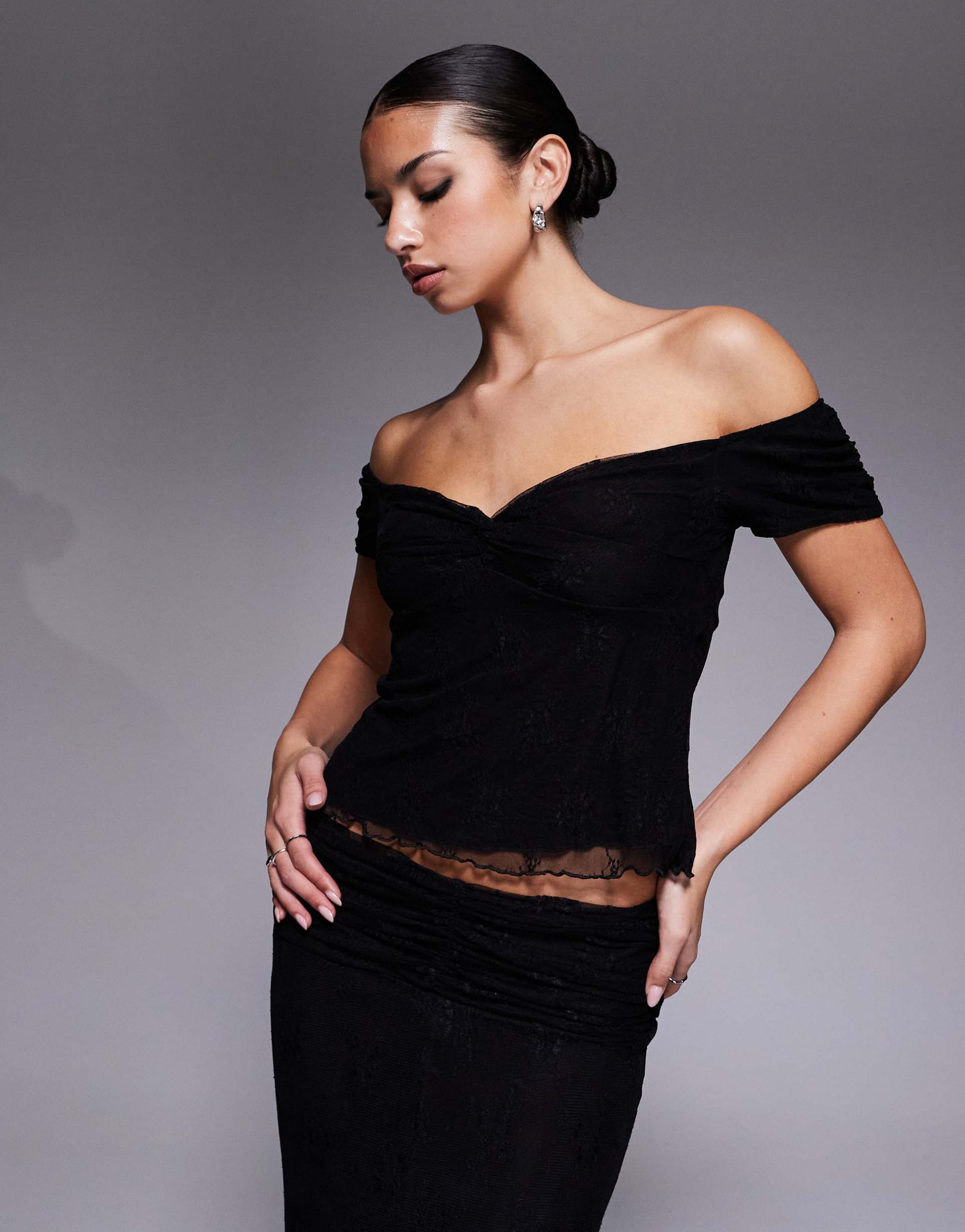 fashionkilla floral lace mesh overlay sweetheart neckline off shoulder floaty hem top in black - part of a set