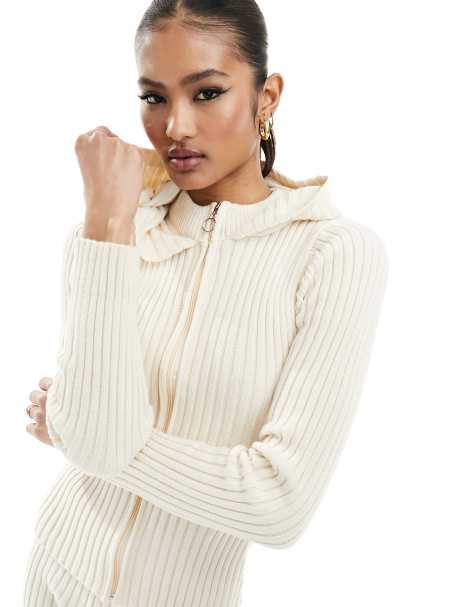 Fashionkilla – Gestrickte Kapuzenjacke in Creme mit durchgehendem Reißverschluss, Kombiteil - view 1