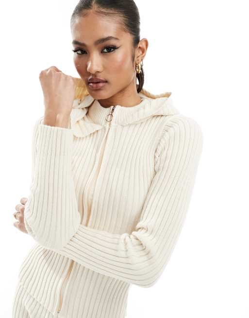 Fashionkilla – Gestrickte Kapuzenjacke in Creme mit durchgehendem Reißverschluss, Kombiteil