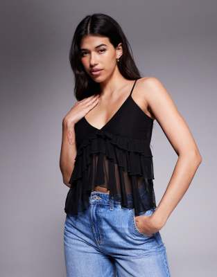 Fashionkilla - Gestuftes Camisole-Oberteil in Schwarz aus Netzstoff mit Rüschen an der Vorderseite