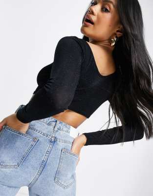 Fashionkilla glitter long sleeve crop top in black