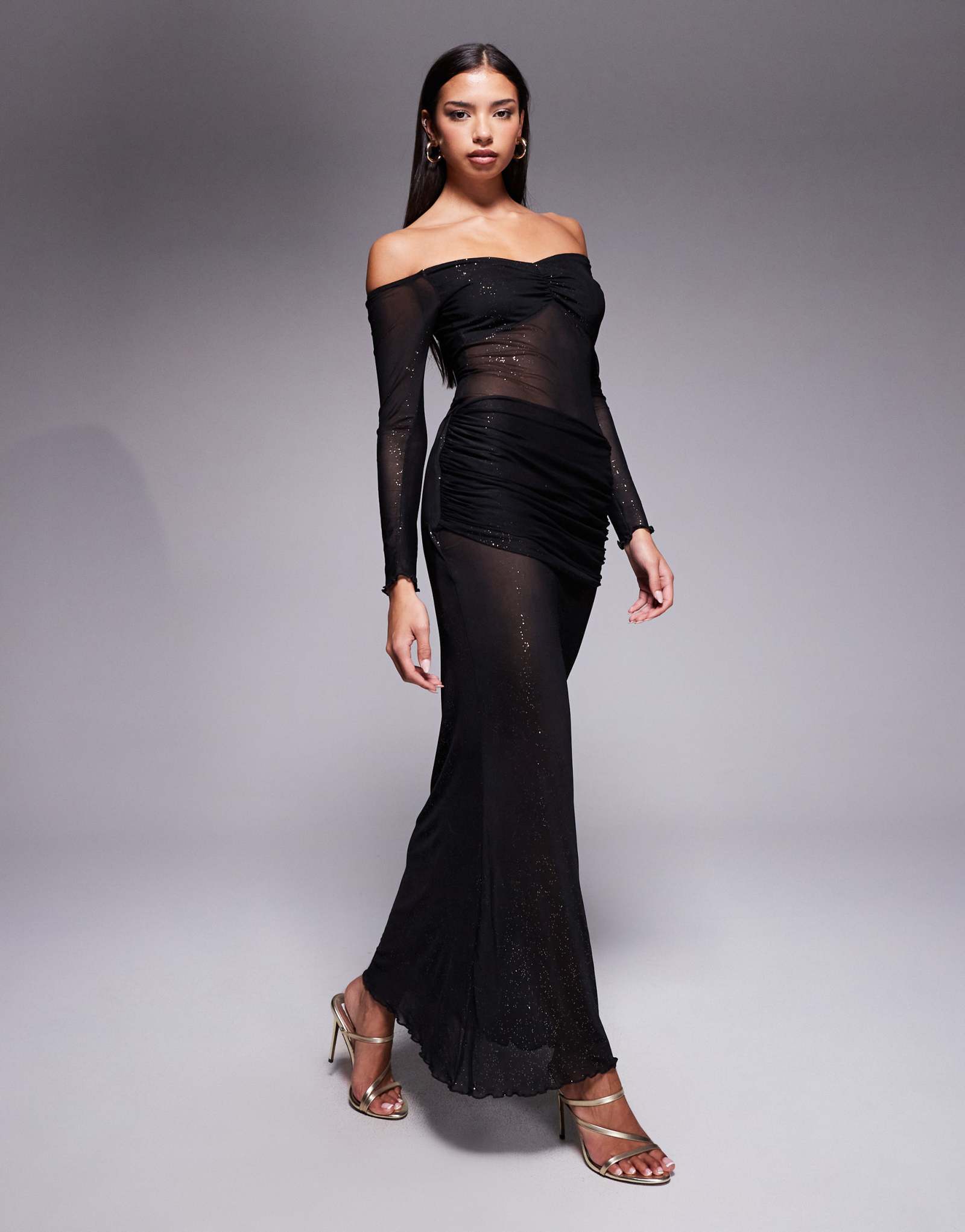 Макси-платье из блестящей сетки Fashionkilla с длинными рукавами и прозрачной вставкой с рюшами черного цвета