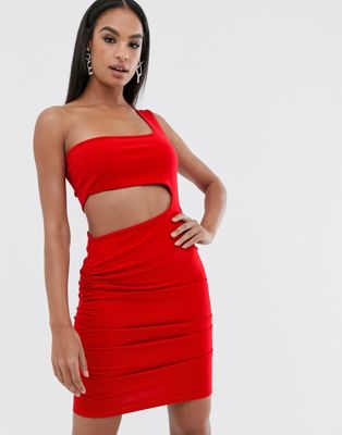one shoulder red mini dress