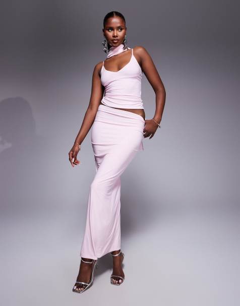 Fashionkilla - Gonna lunga a colonna in tessuto doppio strutturato sinuoso rosa in coordinato - view 1