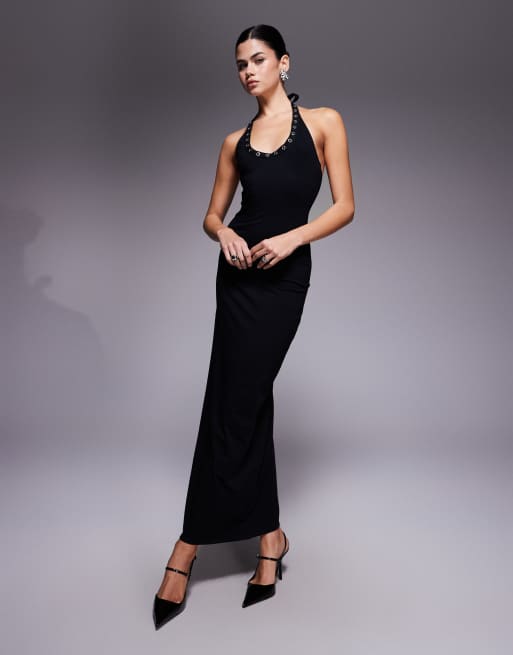 Fashionkilla halterneck scoop neck grommet trim low back maxi dress in black