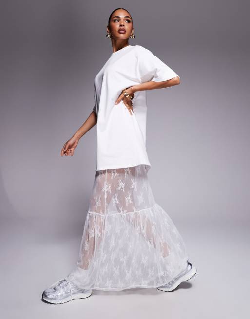 Fashionkilla - Hvid lagdelt maxi-T-shirt-kjole i bomuld med blondekant