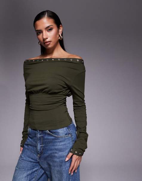 Fashionkilla – Kakifärgad, långärmad topp i bomull med bara axlar och öljetter - view 1