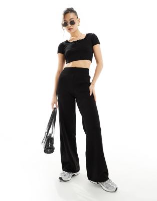 knit pointelle wide leg pants in black - part of a set