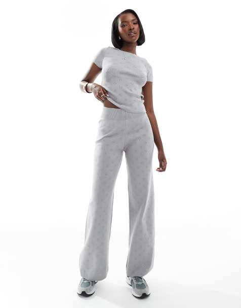 Fashionkilla knit pointelle wide leg trouser co-ord in grey