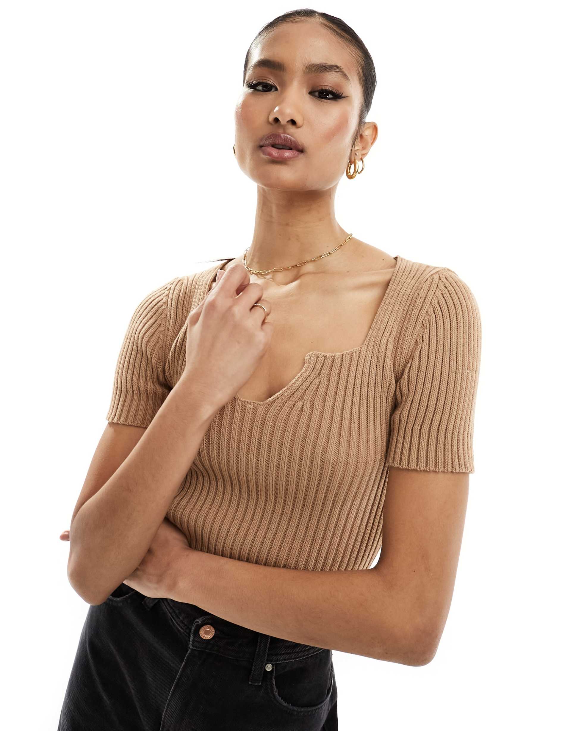 fashionkilla knit v neck top in brown