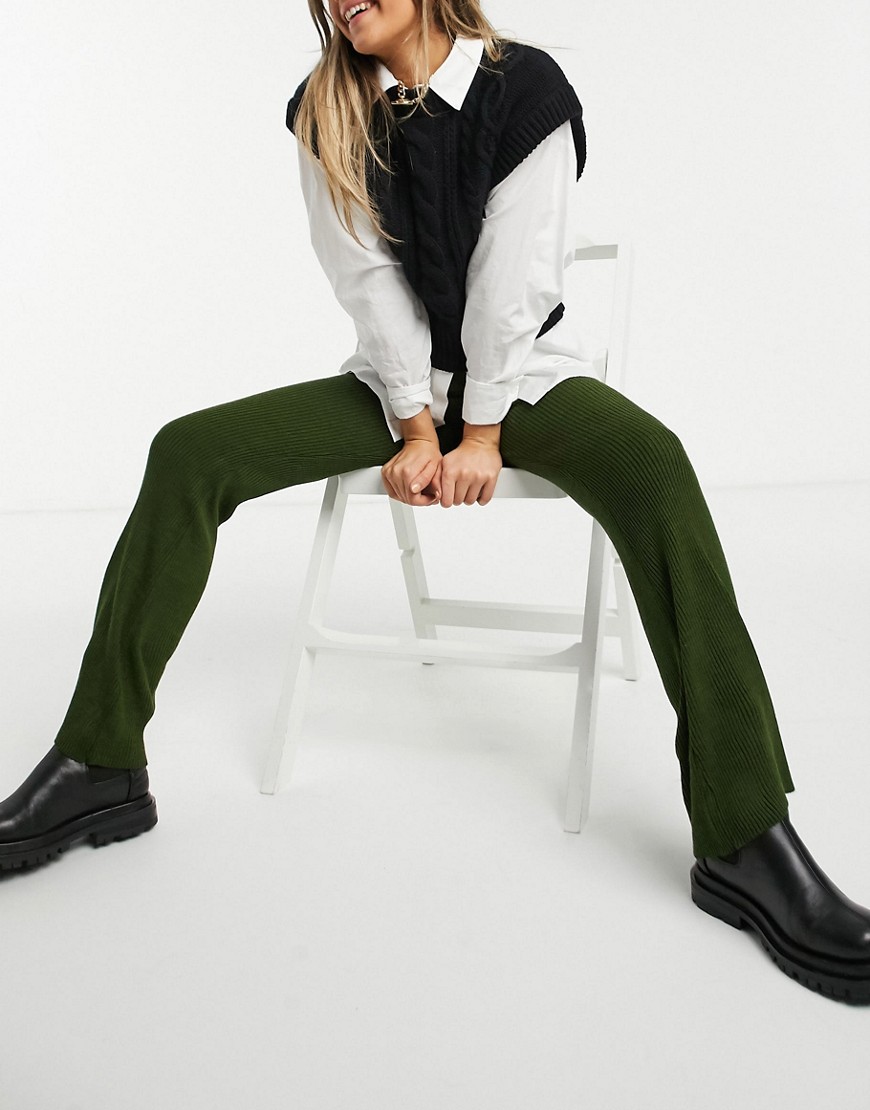 Fashionkilla knit wide leg pants in khaki-Green