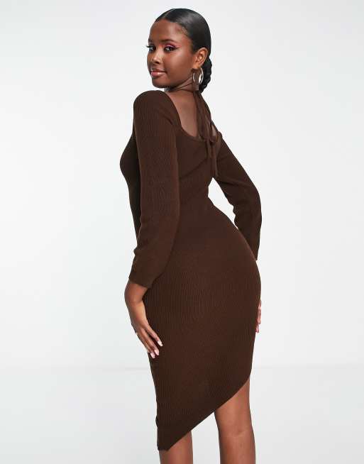 Chocolate Brown Pu Ruched Strappy Midi Dress