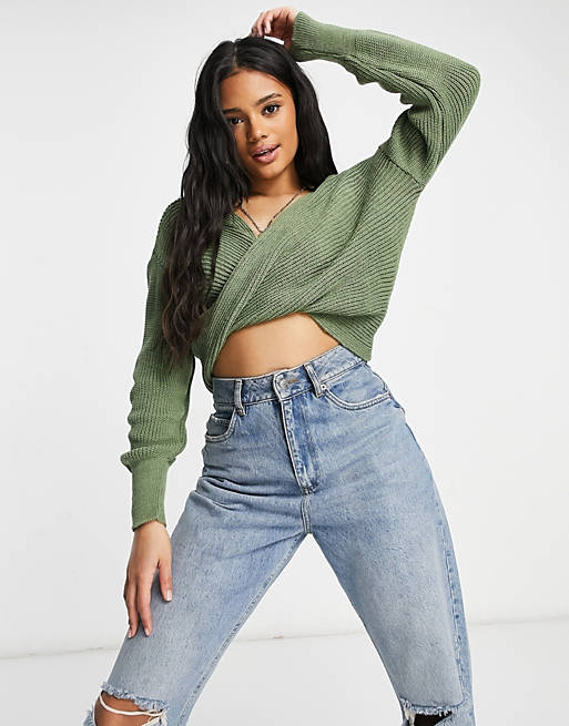Jumpers & Cardigans Fashionkilla knitted knot front cropped jumper co ord in khaki 