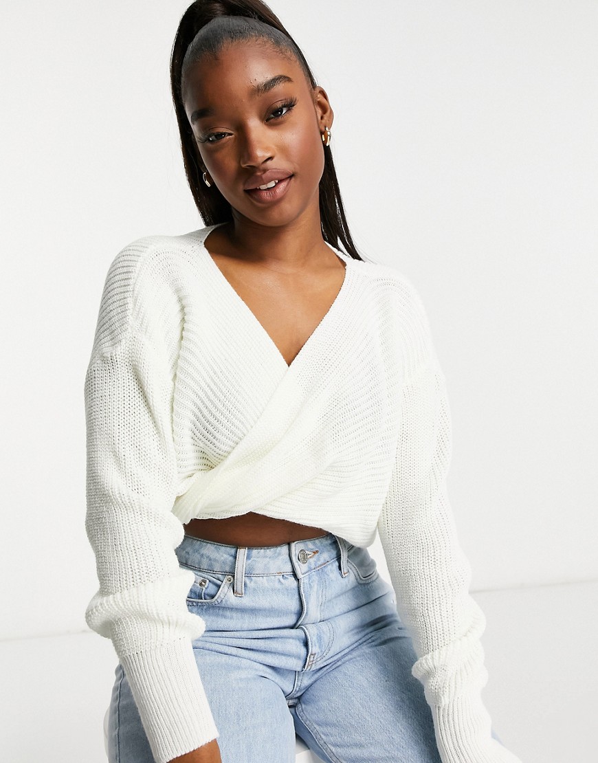 Fashionkilla knitted knot front cropped sweater in cream-White